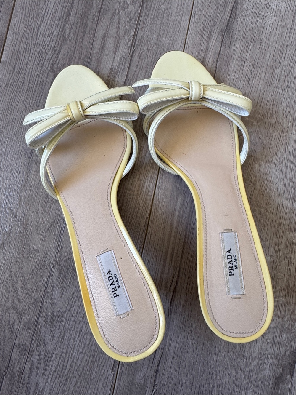 Prada Y2K Butter Yellow Patent Leather Bow Kitten Heel Sandals 37.5 Coquette - Picture 4 of 10